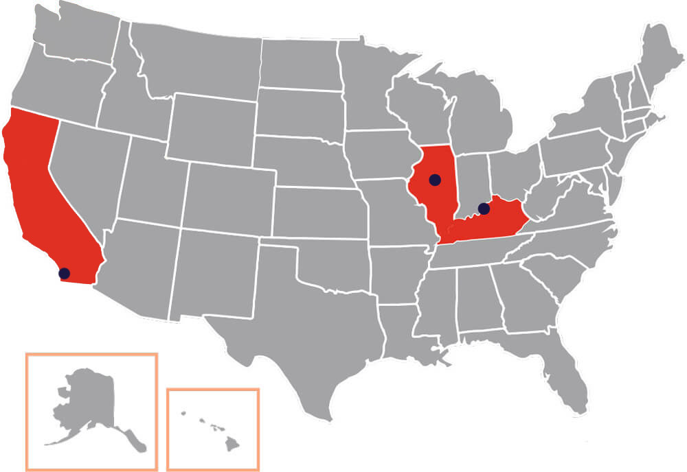 Map of USA - Locations in California, Kentucky, and Illinois