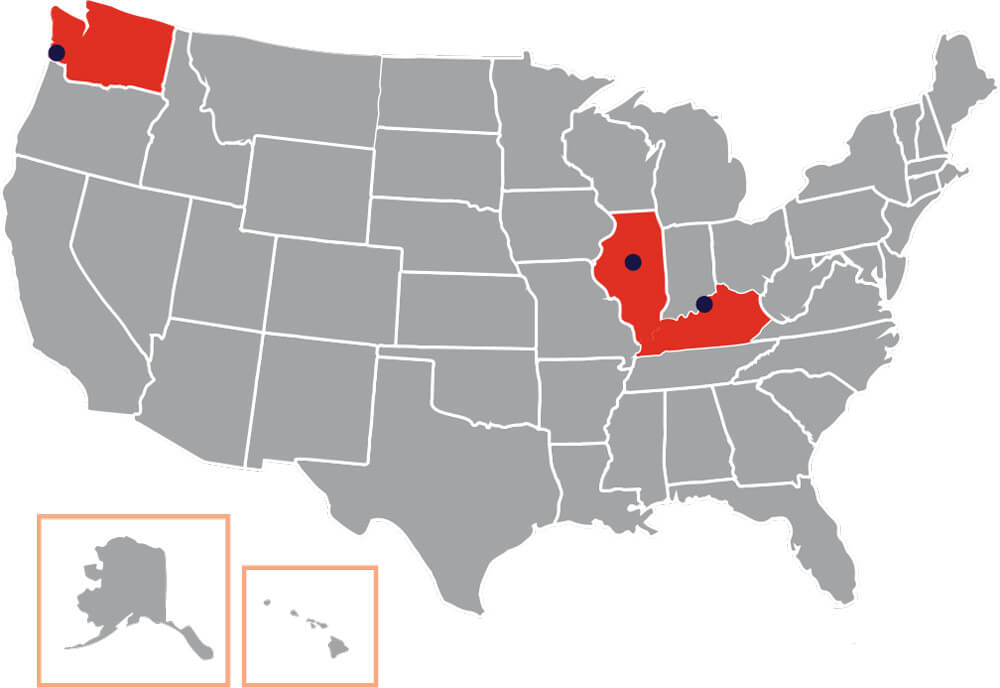 Map of USA - Locations in Washington, Kentucky, and Illinois